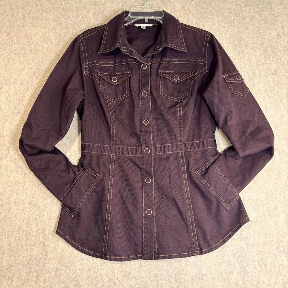 Cabi Utility Jacket Womens Large Brown Cotton Twill Snap Front Military Chic L - Picture 3 of 11